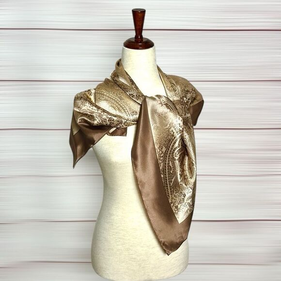 YONG DOO YEUL Korea Silk Scarf Cocoa Tan Colors Paisley Print 35x35” - Picture 7 of 11